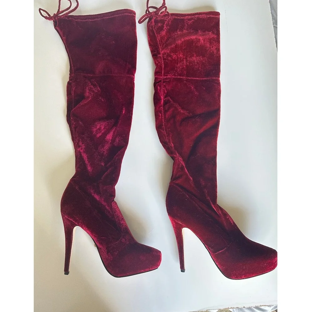 Bebe Giaa‎ Velvet Burgundy Over The Knee Stiletto Heel Boots Size 8 Glam NWB
